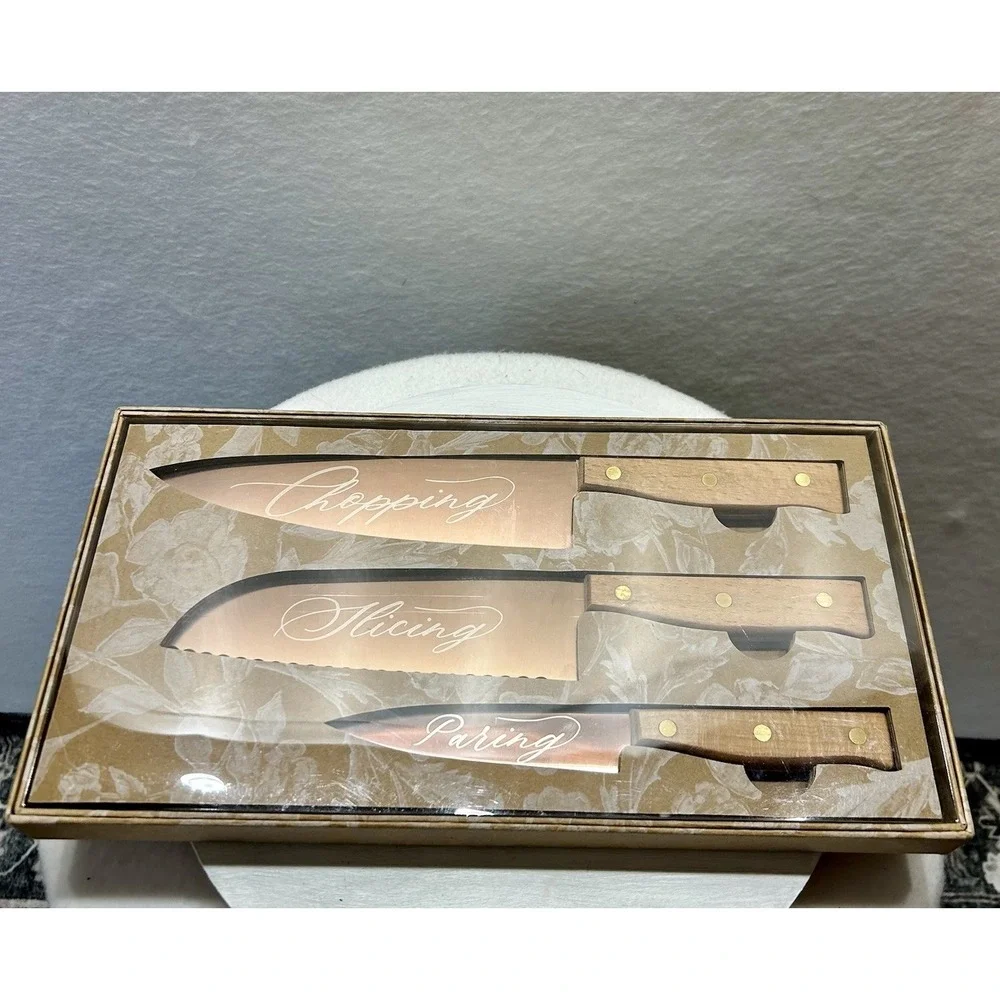 Handcrafted Copper & Beechwood Kitchen Knives Set of 3 Chopping Slicing Paring